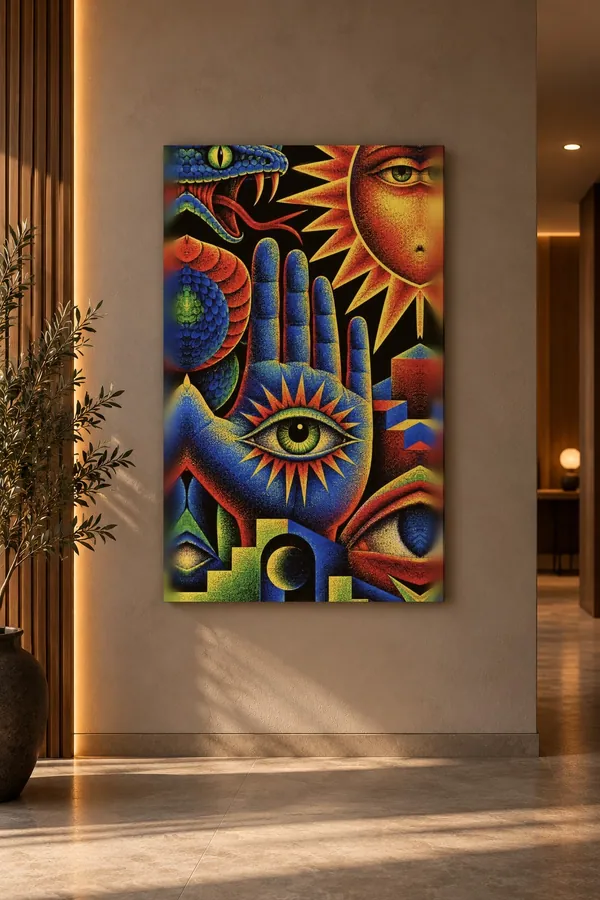 Quadro Hamsá Cósmica na parede