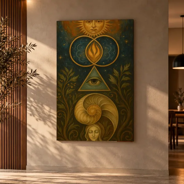 Quadro Olho e Espiral Dourada na parede
