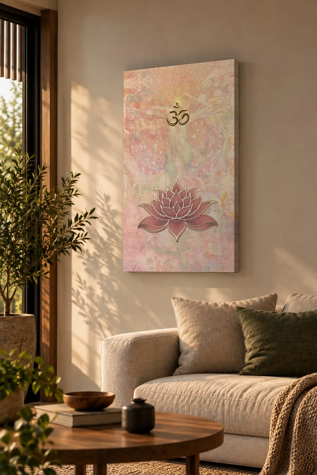 Quadro Om e Lótus na parede