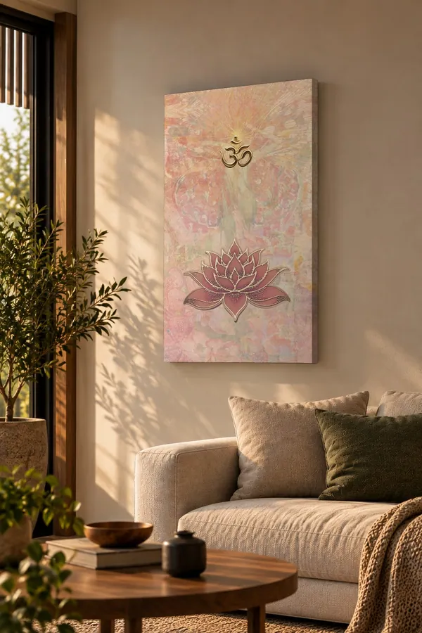 Quadro Om e Lótus na parede