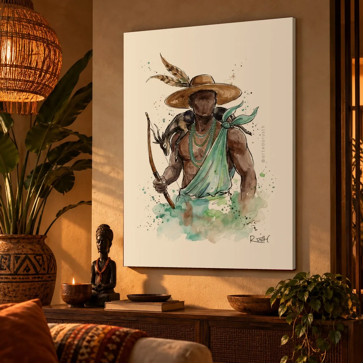 Quadro Oxóssi Aquarela na parede