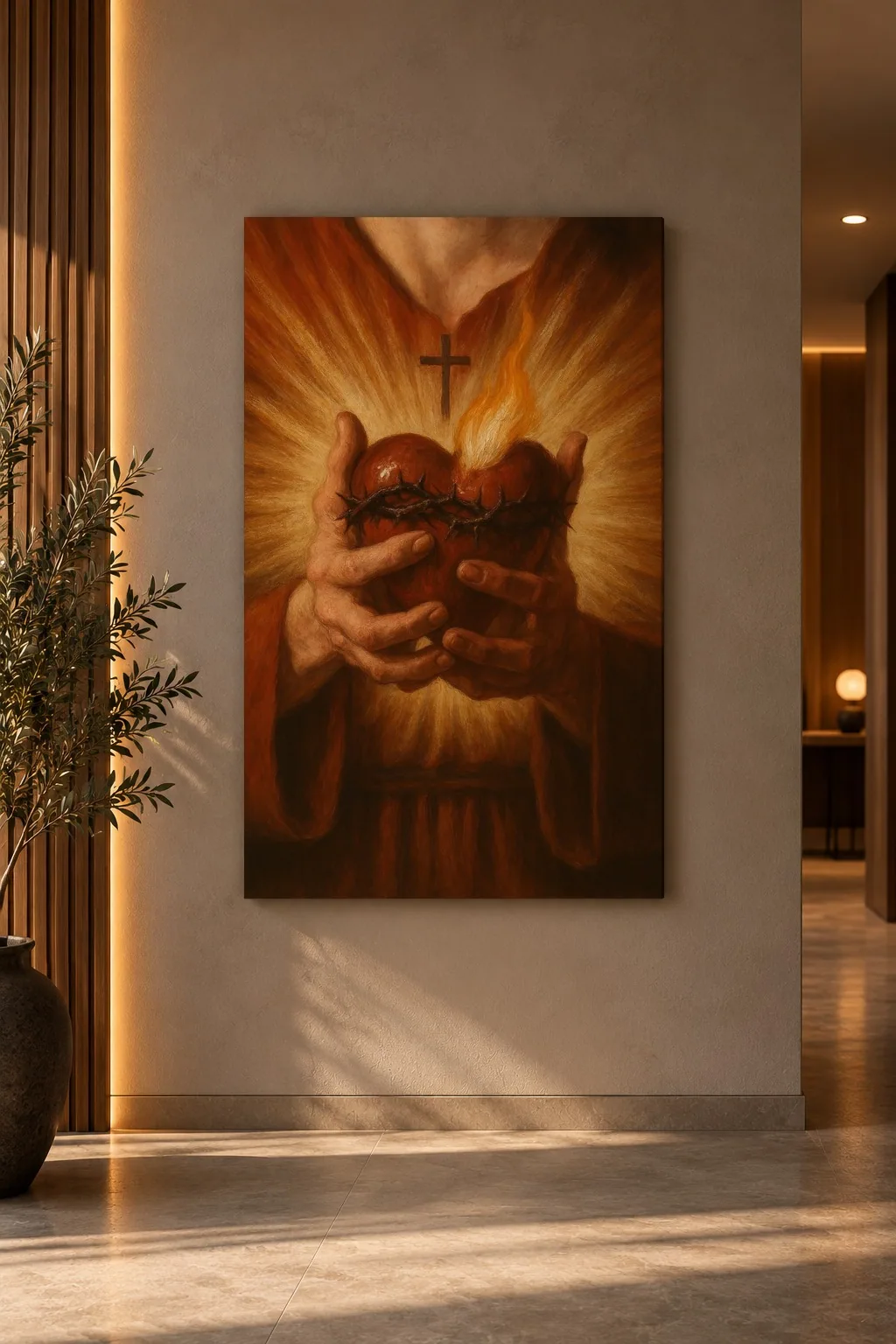 Quadro Sagrado Coração nas Mãos na parede
