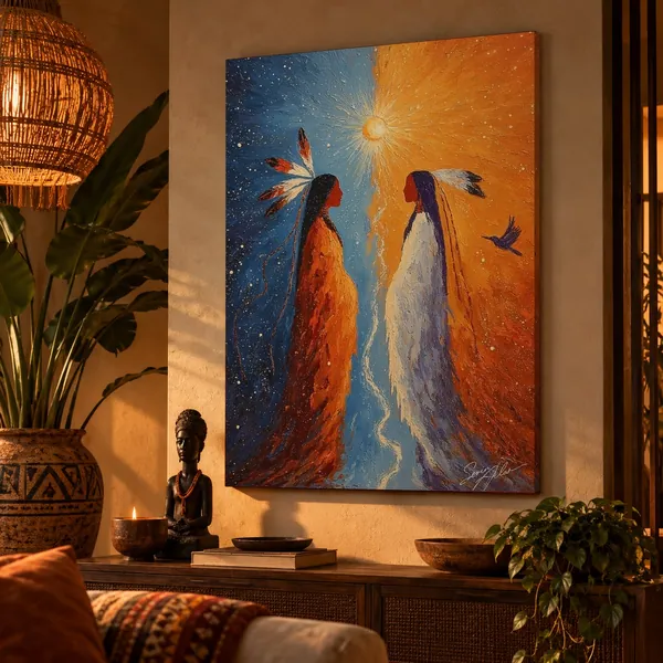Quadro Sol e Lua Ancestral na parede